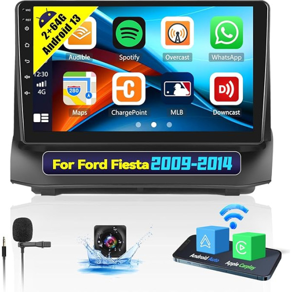 2+64G Android 13 Auto Radio Double DIN Radio CarPlay Android automašīnai Ford Fiesta 2009-2017 Auto Radio 9 collu skārienjūtīgais ekrāns ar navigāciju Bluetooth GPS FM RDS WiFi SWC EQ/HiFi + atpakaļgaitas kamera