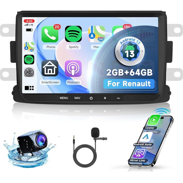 Hodozzy 2GB + 64GB Carplay Android auto radio 2 DIN navigācijas sistēma Renault Dacia Duster Sandero Dokker Logan Lodgy Captur ar Android Car, 8 collu skārienekrāns ar Bluetooth WiFi FM/RDS EQ