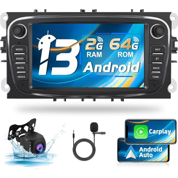 Podofo 2+64G auto radio Ford Focus C-Max S-Max Mondeo Kuga Galaxy Mondeo 9 Kuga ar bezvadu Carplay Android Car, Android 13 auto radio ar 7 collu ekrānu, GPS, WiFi, RDS + atpakaļgaitas kamera un mikrofons