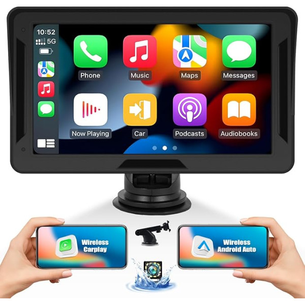 CAMECHO Bezvadu A-pple Carplay Android pārnēsājamais auto radio, 7 collu HD auto stereo skārienjūtīgais displejs ar Siri Bluetooth EQ FM GPS Mirror Link Airplay aizmugures skata kamera