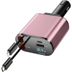 COCIVIVRE Roll-up auto lādētājs, 4-in-1 USB C ātrgaitas auto lādētājs 60 W, ievelkams kabelis (2,6 pēdas) un 2 USB pieslēgvietu auto lādētāja adapteris, saderīgs ar iPhone 15/14/13/12/Pro Max/Plus/Pro.