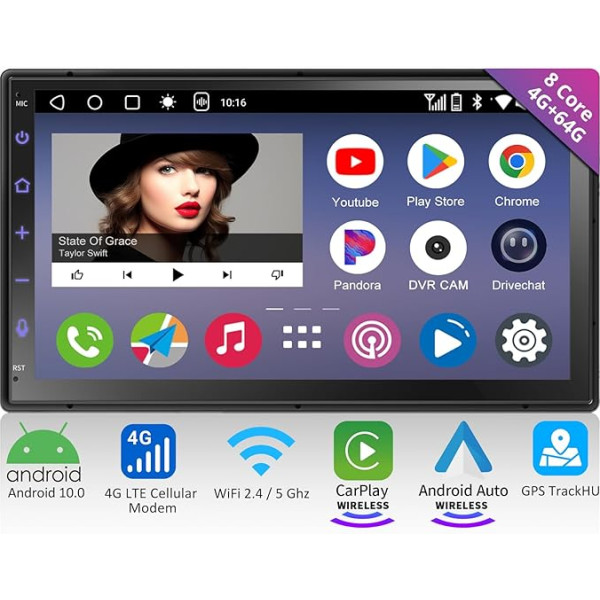 RevcarX Double DIN radio Android automašīnai, iebūvēts 4G LTE, 4G + 64G bezvadu Carplay Android automašīnai, 7 collu QLED Touch displejs, DAB radio, 2.4/5GHz WiFi/BT/USB pieslēgšana, Mirror Link, Dual BT, A6G2B7-PL-A