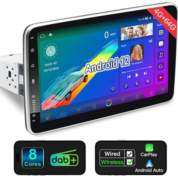 4G + 64G 10,1 collu bezvadu CarPlay Android 12 auto radio, 1 DIN QLED skārienjūtīgais ekrāns Android Car Stereo CarPlay displejs ar navigāciju Iebūvēts DAB ar Bluetooth WiFi WiFi 4G GPS RDS AM/FM aizmugures kamera