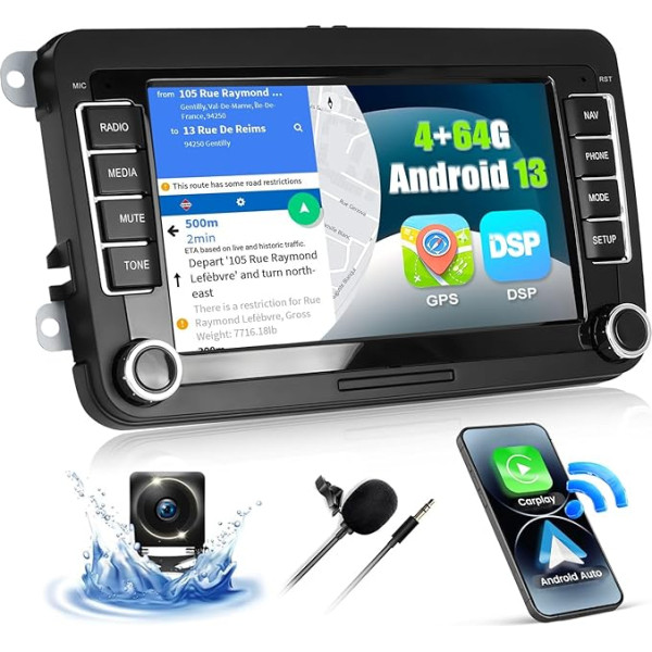 CAMECHO 4+64G Android 13 auto radio VW Passat Golf Polo Octavia Touran Sharan Seat, 7 collu bezvadu Carplay Bluetooth radio ar atpakaļgaitas kameru ar Android Car GPS WiFi FM/RDS AI DSP Mirror Link