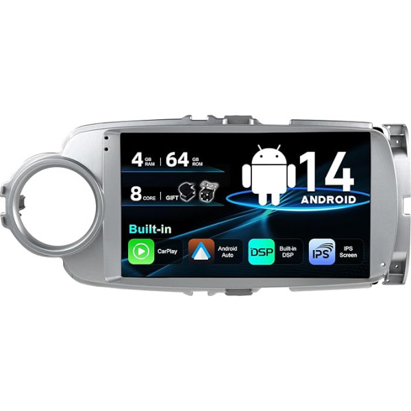 SXAUTO Android 14 Auto Radio Toyota Yaris GRMN (2011-2018) - Bezvadu CarPlay/Android Car - Kamera + Mikrofons - 4G + 64G - DAB 360-CAM Vadības stūres vadības pults WiFi Bluetooth DSP Fast Boot - 2 DIN IPS 9