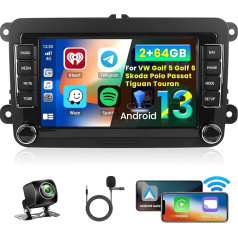 Inefala 7 Zoll Android 13 Autoradio für VW Golf 5 Golf 6 Skoda Polo Passat Tiguan Touran 2 DIN Bildschirm (2 + 64GB) mit Wireless CarPlay Android Auto FM RDS GPS Bluetooth WiFi Lenkradsteuerung