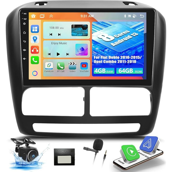 OiLiehu 4+64G 8 Core Android 13 Auto Radio 2DIN Fiat Doblo 2010-2015/Opel Combo 2011-2018 CarPlay Android auto radio ar ekrānu 9 collas ar Bluetooth GPS FM RDS WiFi DSP/EQ + atpakaļgaitas kamera