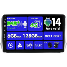 SXAUTO Android 13 [Iebūvēts 4G un DAB] 6G + 128G - Autoradio Peugeot 208/2008 (2012-2018) - Dual Band WiFi - CarPlay Android Car - Kamera + Mic - Bluetooth vadība no stūres - QLED 10,1