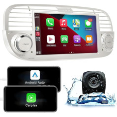 ANKEWAY RDS auto radio Fiat 500 2007-2015, 7 collu [2G+32G] Android 2 DIN auto radio ar Wireless Carplay + Wireless Android Car, WiFi, Bluetooth, GPS NAV, atpakaļgaitas kamera (balts)