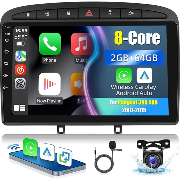 NHOPEEW 8 Core 2+64 Android auto radio Peugeot 308 2007-2013/408 2007-2017 ar bezvadu Carplay - WiFi GPS SWC 32EQ DSP FM RDS Izkliedētais ekrāns + AHD aizmugures skata kamera un mikrofons