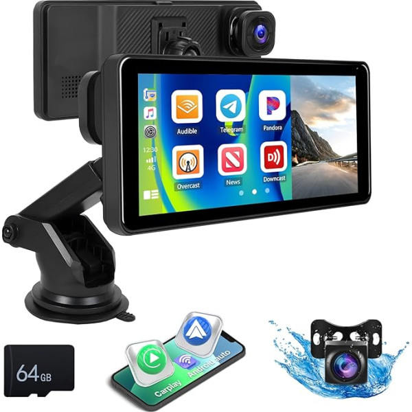 SIXWIN bezvadu Carplay un Android pārnēsājamais auto radio ar 4K Dash Cam un aizmugures skata kameru, 6,86 collu HD IPS skārienjūtīgais Carplay displejs ar ADAS/Mirror Link/WiFi Video/GPS Navi/FM/AUX + 64G TF