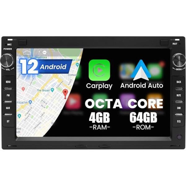 Kymmtun Android 12 auto radio VW/Volkswagen, Golf, Passat B7 B6 Skoda Seat Octavia Polo Tiguan 7 collu (4GB+64GB) bezvadu Carplay ar 4G + WiFi GPS USB Bluetooth Android auto stūres vadības ierīci