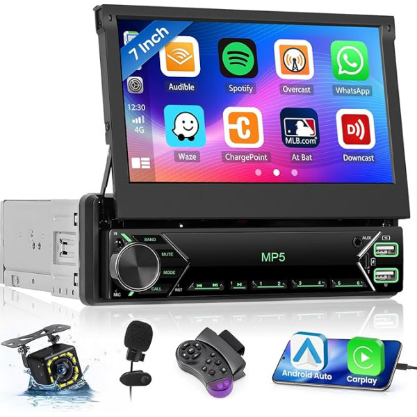 Inefala Auto radio 1 DIN ar izvelkamu ekrānu, 7 collu skārienjūtīgais ekrāns, auto radio ar bezvadu CarPlay, Android Car, FM radio, BT, USB, SWC, mikrofons + atpakaļgaitas kamera + tālvadības pults