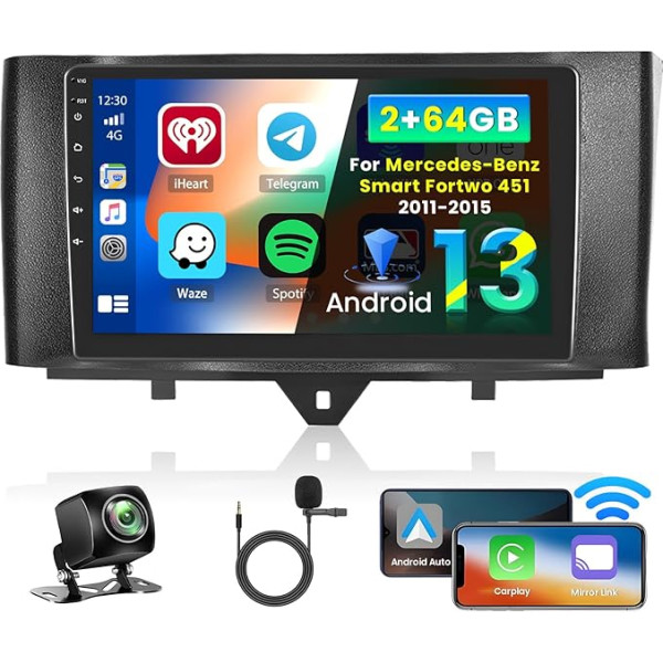 Inefala 2 + 64G Android CarPlay radio Mercedes-Benz Smart Fortwo 2011-2015, 9 collu skārienjūtīgais ekrāns ar bezvadu CarPlay un Android Car, atbalsta GPS navigācijas saiti Spogulis BT RDS DSP