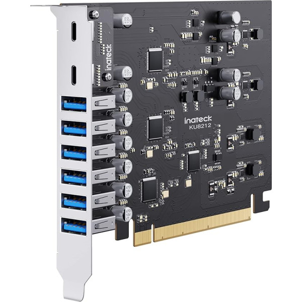 Inateck PCIe USB 3.2 Gen 2 karte, USB C Power Delivery uzlādes karte, 2 USB C pieslēgvietas un 6 USB A pieslēgvietas ar kopējo joslas platumu 16 Gbps, KU8212