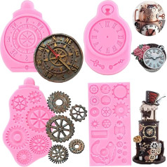 RFGHAC Steampunk Gear Fondant veidnes kompass Silikona pelējuma pulksteni Candy pelējuma zobrati zobrati šokolādes pelējuma cukurs Cupcake Topper kūka dekorēšanai gumijas pastas polimēra māla 4 gab.