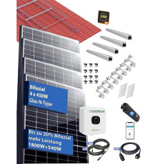 Balkona elektrostacija Solar Roof Quatro ar Growatt Mic 1500 W invertoru / 1800 W (4 x 450 W) YES Solar līdz 2340 W Bifacial Glass PV Power ar alumīnija pamatni Phane jumtam