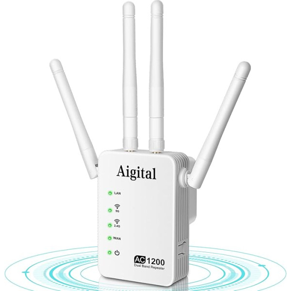 1200Mbit/s WLAN pastiprinātājs, WLAN divjoslu 2.4G un 5G WLAN retranslators, WiFi signāla pastiprinātājs līdz 2600 kvadrātpēdu interneta retranslators ar Ethernet, 3dBi x4 antenas, saderīgs ar visām WLAN ierīcēm, AP režīms