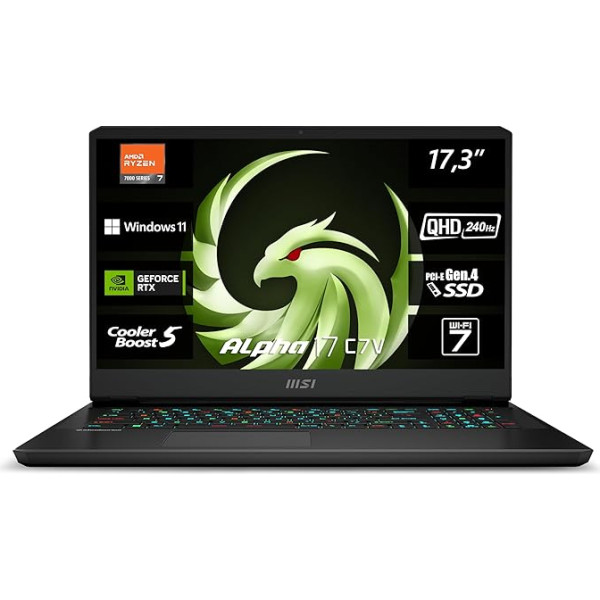 MSI Alpha 17 spēļu klēpjdators, 17,3 collu QHD, AMD Ryzen 7 7840HX procesors, 32 GB DDR5-5200 RAM, 1 TB, NVIDIA® GeForce RTX™ 4070, Windows 11 Home, QWERTZ tastatūra, C7VG-054