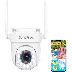 BondFree 3K 5MP ārtelpas novērošanas kamera, 355°/90° pagriežama ārtelpas novērošanas kamera, 2,4GHz/5GHz Dual Band, krāsu nakts redzamība, AI noteikšana, PIR kustības sensors, cilvēku/auto noteikšana, ar 16