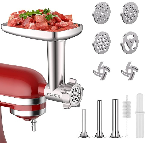 COFUN Gaļasmašīnas piederums Kitchenaid piederumiem, kā gaļasmašīnas piederums ar 4 smalcināšanas diskiem, 3 desu pildīšanas rogi Kitchen Aid, alumīnija sakausējuma gaļasmašīnas piederums