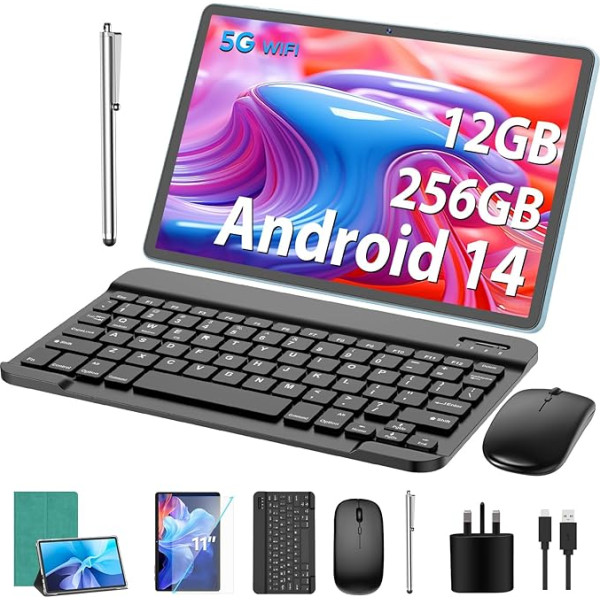 Android planšetdators, 11 collu planšetdators Android 14 ar tastatūru, 12GB + 256GB, 1TB paplašināms, planšetdators ar astoņkodolu, 8000mAh, 2.4G/5G WiFi, 13MP + 5MP kamera, 2-in-1 planšetdators ar tastatūras somu, peli, pildspalvu