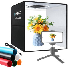 PULUZ 30 cm fotostudijas gaismas telts foto kastīte Foto studijas kastīte Foto telts fotostudijas gaismas kastīte ar 112 LED dimmable lampu lodītēm 6 krāsu fonu (30 cm, melna)