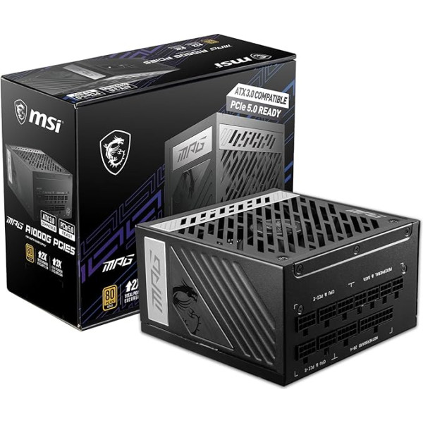 MSI MPG A1000G PCIE5 barošanas bloks, ES kontaktdakša, 1000 W, 80 Plus Gold sertifikāts, pilnībā modulārs ATX 3.0, atbalsta PCIe 5.0 GPU, japāņu 105°C kondensatori, 0% RPM režīms, plakans kabelis