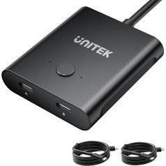 Unitek divvirzienu USB C komutators 1 ieeja 2 izejas/2 ieejas 1 izeja USB komutators 2 datori koplieto 1 ierīci KVM komutators 100W uzlādējams 8K @ 60Hz video 10Gbps datu pārraide USB-C kabelis iekļauts melns