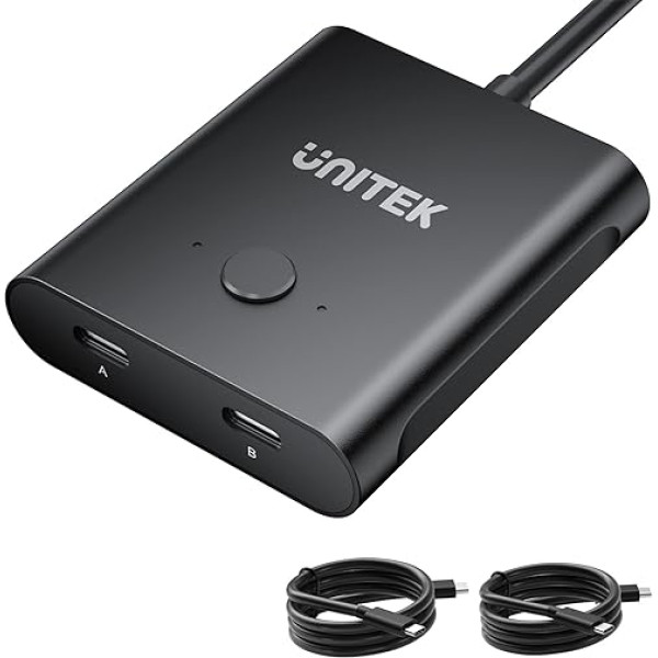 Unitek divvirzienu USB C komutators 1 ieeja 2 izejas/2 ieejas 1 izeja USB komutators 2 datori koplieto 1 ierīci KVM komutators 100W uzlādējams 8K @ 60Hz video 10Gbps datu pārraide USB-C kabelis iekļauts melns