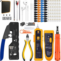 MAYLINEE knaibles RJ45, LAN kabeļu apkopes komplekts CAT5/CAT6, kabeļu testera komplekts, tīkla instrumentu komplekts, stiepļu noņēmējs ar 50 vāciņiem, caurumošanas instrumenti (zils)