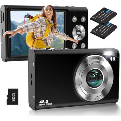 Digitālā kamera, 4K autofokusa kamera ar 32G SD karti, HD 48MP, 2,8 collu liels ekrāns, 16X digitālā tālummaiņa, kompaktā kamera, portatīvā mini kamera pieaugušajiem, iesācējiem (melna)