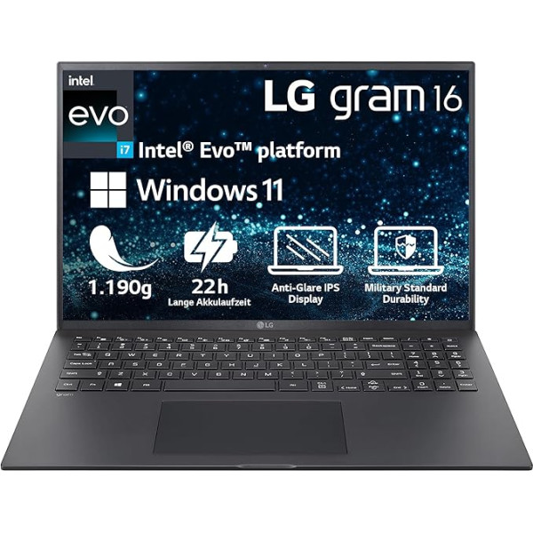 2023 LG grams 16 collu piezīmjdators - 1190 g Intel Core i7 procesors (16 GB LPDDR4x RAM, 512 GB SSD, 80 h akumulatora darbības laiks, Intel Iris Xe grafika, Win 11 Home) - melns