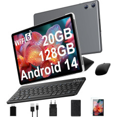 Android 14 planšetdators ar tastatūru, 10 collu planšetdators ar 5G WiFi 6, 20GB RAM + 128GB ROM (paplašināms līdz 1TB), GPS, Widevine L1, Octa-Core, 5MP + 8MP, 1280 x 800, 6000mAh, planšetdators ar peli + futrāli, pelēks