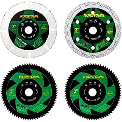 KURSTOL griešanas disks 75 mm 4 gabali - 1 gab. dimanta griešanas disks keramikai, 1 gab. karbīda griešanas disks kokam, 2 gab. HSS griešanas diski metālam, ar 10 mm diametru