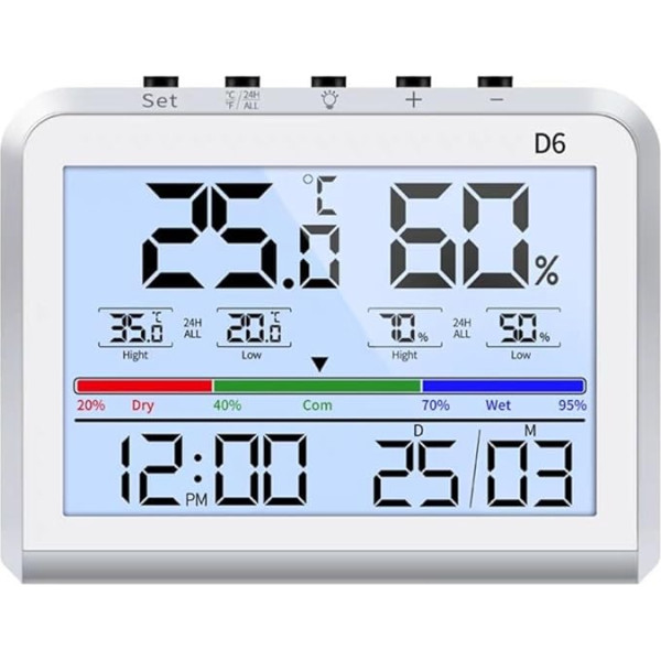 Oniissy higrometrs iekštelpu termometrs, galda digitālais termometrs ar temperatūras un mitruma monitoru, precīzs mitruma mērījums, istabas termometrs ar pulksteni (balts)