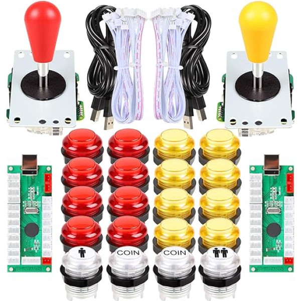 EG STARTS 2 Spieler LED Arcade DIY Teile 2X USB Encoder + 2X Ellipse Oval Style Joystick + 20x LED Arcade Tasten für PC MAME Raspberry Pi Windows System (Rote & Gelb kit)