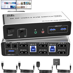 8K@60Hz DisplayPort KVM slēdzis 2 PC 2 monitoriem 4K @ 120Hz DP 1.4 USB 3.0 KVM slēdzis 2 datoriem ar 3 USB pieslēgvietām un audio mikrofona izeju