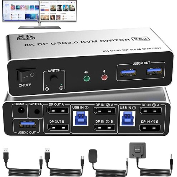 8K@60Hz DisplayPort KVM slēdzis 2 PC 2 monitoriem 4K @ 120Hz DP 1.4 USB 3.0 KVM slēdzis 2 datoriem ar 3 USB pieslēgvietām un audio mikrofona izeju