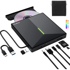 PeroBuno ārējais CD/DVD disks, USB 3.0 un C tipa ārējais DVD ierakstīšanas ierīce ar TF/SD karšu lasītājiem, CD DVD ±R/RW USB CD disks datoram, klēpjdatoram, Mac, PC, Windows 11/10/8/7, Linux OS