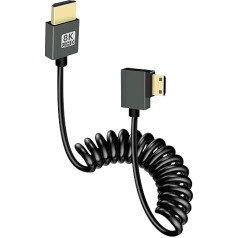 GELRHONR 8K Mini HDMI uz HDMI spirālveida kabelis, īpaši plāns mini HDMI kabelis 2.1 versijas ātrgaitas 48 Gbps, atbalsta 8K @ 60Hz 3D, piemērots DSLR kamerām, HDTV, portatīvajiem datoriem (labajā leņķī)