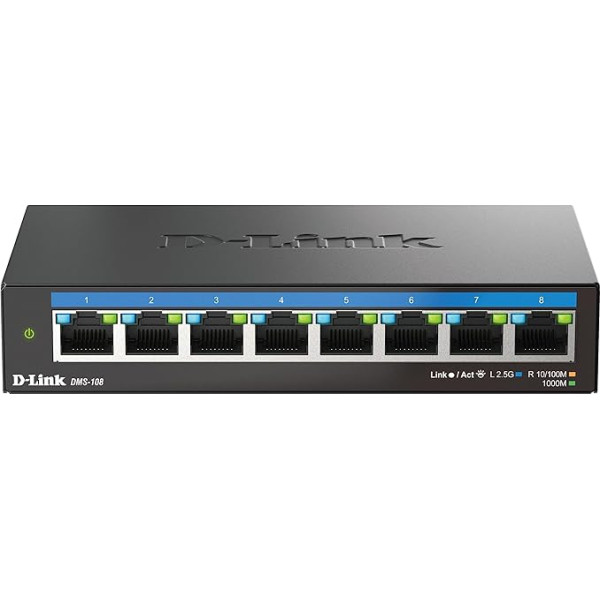 D-Link DMS-108 8-port Multi-Gigabit nepārvaldāms galddatora komutators (8x 2,5G porti, bez ventilatora, zema profila, kompakts, metāla korpuss, QoS, Plug and Play)