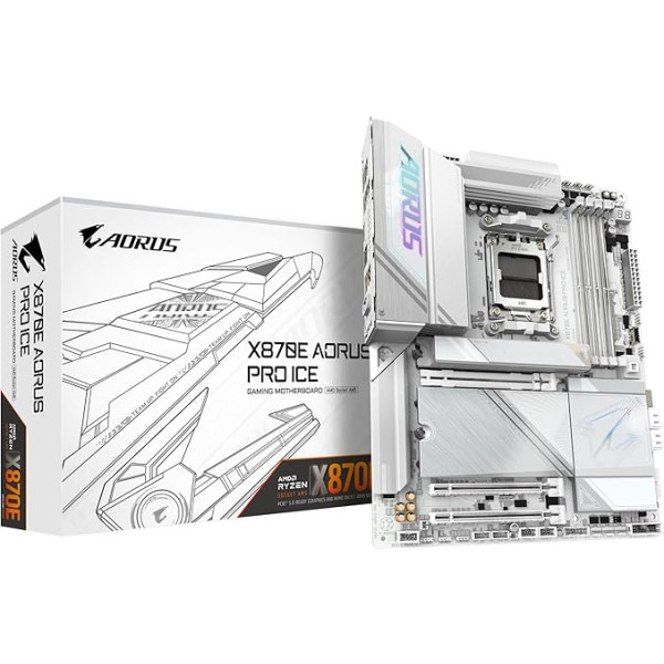 GIGABYTE X870E AORUS PRO Ice pamatplate - Atbalsta AMD Ryzen 9000 procesorus, 16+2+2+2 fāžu digitālais VRM, līdz 8000 MHz DDR5 (OC), 3xPCIe 5.0, Wi-Fi 7, 2.5GbE LAN, USB 4