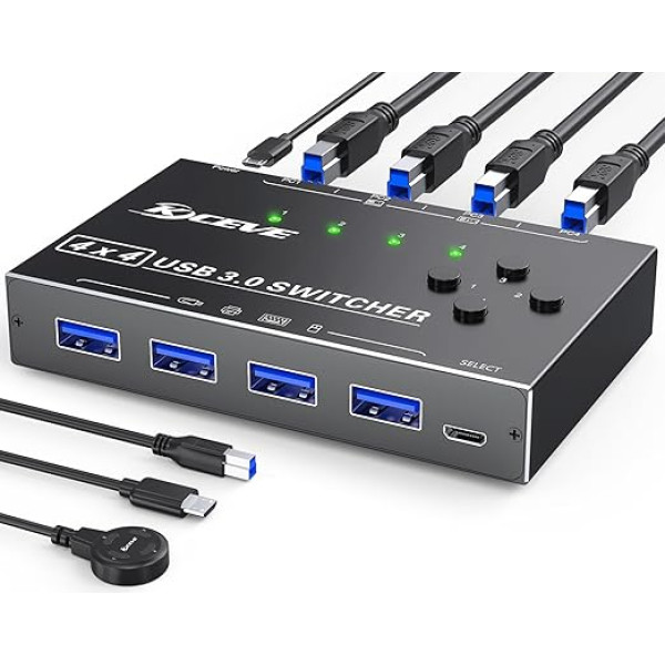 USB 3.0 pārslēdzējs 4 PC, MLEEDA 4 portu USB pārslēdzēja selektors 4 datoru koplietošanai 4 USB ierīcēm, tastatūras peles pārslēdzējs, USB pārslēdzējs ar kabeļa tālvadības pulti un 4 standarta USB B kabeļiem