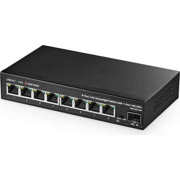 Binardat 8 pieslēgvietu 2,5G komutators ar 10G SFP+ pieslēgvietu, 8 x 2,5 gigabitu RJ-45 Base-T porti, nepārvaldāms daudzgigabitu galddatora Ethernet komutators