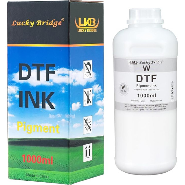 Lucky Bridge DTF tinte 1000 ml balta augstas kvalitātes pigmenta tinte PET plēvēm Termopārneses uzpildes tinte visiem Epson DTF printeriem ar drukas galviņām, piemēram, DX5 DX7 5113 XP600 I3200 u.c. (1000 ml W) DE.