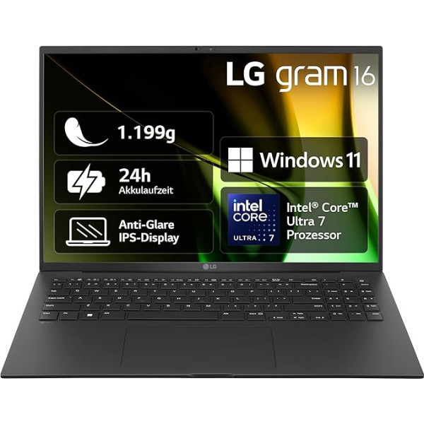 2024 LG gram 16 collu portatīvais dators - 1199 g Intel Core Ultra7 klēpjdators (16 GB RAM, 1 TB Dual SSD, 24 h akumulatora darbības laiks, IPS paneļa antirefleksīvs displejs, Win 11 Home) - melns