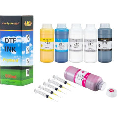 Lucky Bridge DTF tinte 6 x 500 ml augstas kvalitātes pigmenta tinte PET plēvēm Termopārneses uzpildes tinte visiem Epson DTF printeriem ar drukas galviņām, piemēram, DX5 DX7 5113 XP600 I3200 u.c. (3000 ml) DE.