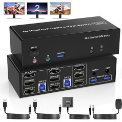 USB 3.0 DisplayPort + 2 HDMI KVM slēdzis 3 monitoriem 2 datoriem, 4K @ 60Hz, trīs monitoru KVM slēdzis 2PC 3 monitoriem ar 3 USB 3.0 pieslēgvietām un audio mikrofonu, tastatūras un peles slēdzis