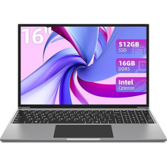 džempera klēpjdators, 16 GB RAM, 512 GB SSD, 16 collu FHD piezīmjdators, Celeron līdz 3,4 GHz, 1920 x 1200 IPS, 2,4G + 5G WiFi, USB 3.0 × 2, Bluetooth 4.0, pelēks